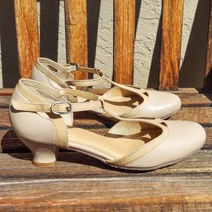 Hotter Genuine Leather Rumba T Strap Heels Beige Retro Cottagecore